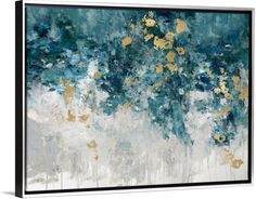 an abstract painting with gold and blue flowers on the bottom, against a white background