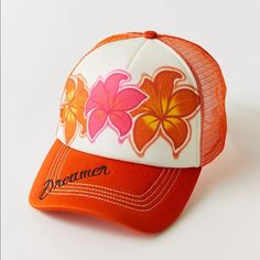 Dream Of Paradise In This Summery Trucker Hat Featuring A Graphic Airbrush Front. Fitted With Mesh Back Panels And An Adjustable Snap Closure. Content + Care - 100% Polyester - Spot Clean - Imported Brand New Never Worn Store Removed Tags So That It Couldn’t Be Returned Pink Summer Baseball Cap, Pink Summer Baseball Cap With Curved Brim, Pink Curved Brim Baseball Cap For Summer, Spring Hats From Urban Outfitters, Urban Outfitters Curved Brim Hat For Spring, Orange Baseball Cap For Beach, Pink Snapback Baseball Cap For Vacation, Orange Snapback Hat For Beach, Orange Snapback Hat For The Beach