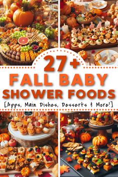 several different pictures of baby shower foods with pumpkins and other food items on them