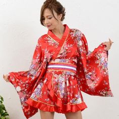 Satin Kimono Dress - Red - Pac West Kimono Satin Kimono Dress, Cute Kimono, Obi Sash, Cute Kimonos, Satin Kimono, Black Satin Dress, Cute Costumes, Purple Satin, Kimono Dress