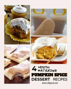 four different desserts with frosting and icing on them, including pumpkin spice desserts