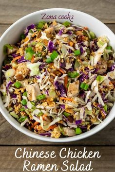 chinese chicken ramen salad in a white bowl on a wooden table with text overlay