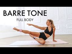 a woman doing a full body yoga pose on a mat with the words barrel tone