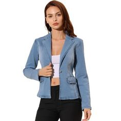 Designed with a notch lapel collar and princess line, this ageless style is the perfect insert to your workwear collection.Classic yet utilitarian style defines this button-front jacket made from washed denim with just a hint of stretch.The denim blazer has a timeless wash and button front.Pair with the matching pants for a complete look! Utilitarian Style, Stretch Denim Fabric, Vest And Tie, Button Long Sleeve, Double Denim, Denim Blazer, Tie Neck Blouse, Button Up Long Sleeve, Blazer With Jeans