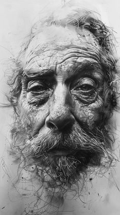 a black and white drawing of an old man's face with wrinkles on it