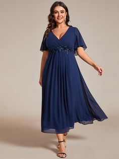 Radiate elegance in our Plus Size Elegant Short Sleeves V-Neck Floral Applique Wedding Guest Dress. The intricate floral applique on short sleeves and V-neckline adds a touch of romance, enhancing the overall grace of this dress. Tailored for comfort and style, this plus-size gown is perfect for curvy figures attending weddings. Embrace the joyous celebration with confidence and sophistication in this elegant wedding guest dress. Fit: Please refer to size chart. Length: Tea Length. Sleeve Style: Midi Wedding Guest Dress, Evening Wedding Guest Dresses, Aspyn Ovard, Casual Wedding Guest Dresses, Satin Flower Girl Dress, Popular Wedding Dresses, Elegant Wedding Guest Dress, Beach Wedding Guest Dress, Plus Size Elegant