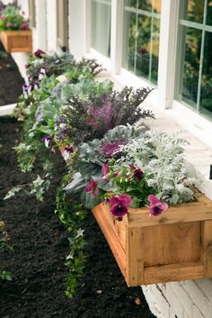 some plants are in a wooden box on the side of a building with white windows