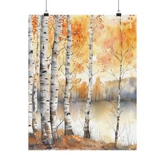 a painting of trees and water with orange leaves on the tree trunks in front of it