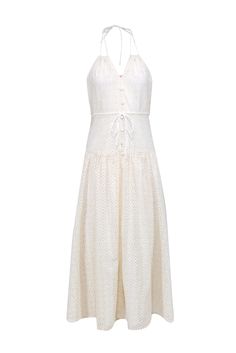 Get ready to make a statement with the J.Crew Collection ivory eyelet halter midi dress! This summer dress staple not only adds a touch of flirty fun to your wardrobe, but it's also lightweight and perfect for any summer event. With its eyelet-tiered design, this dress pairs perfectly with platform sandal heels and a mini bag for a Sunday brunch look that will turn heads! Size 2 Shell 92% Cotton, 4% Other Fibers Lining 100% Polyester Invisible zipper back Drawstring waist Button bust detail Bust 32" Waist 29" Shoulder to hem 52" Summer Eyelet Midi Dress, Spring Sleeveless Eyelet Midi Dress, Sleeveless Eyelet Midi Dress For Spring, Chic Eyelet Midi Dress, Elegant Eyelet Dress For Summer, Elegant Summer Eyelet Dress, Summer Beach Midi Dress With Eyelet Details, Sleeveless Eyelet Midi Dress For Summer, Summer Beach Eyelet Midi Dress