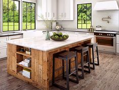 a large kitchen island with stools in the center and windows on both sides that look out onto an open field