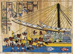 an egyptian painting with people and boats on the water