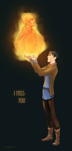 a drawing of a man holding a glowing ball with the words i miss you on it