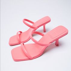 Grab These Brand New With Tag Strappy Sandals For That Perfect Pop Of Color To Your Outfit! Never Worn Https://Www.Zara.Com/Us/En/Strappy-Heeled-Leather-Sandals-P12301810.Html Spring Sandals With Single Toe Strap And Branded Heel, Summer Sandals With Branded Heel Counter And Low Heel, Chic Pink Sandals With Single Toe Strap, Pink Low Heel Mules For Spring, Pink High Heel Mules For Summer, Pink Mules For Summer Evenings, Pink Mules For Summer Evening, Trendy Pink Leather Mules, Chic Pink Low Heel Sandals