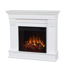 a white fireplace with flames on it