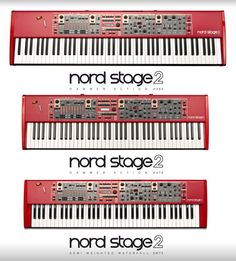 two red keyboards sitting next to each other on top of a white background with the words nord stage 2