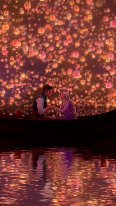 the princess and the frog are in a boat with lanterns floating over them at night