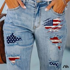 Zlily - Womens Plus Size Flag Print Denim Shorts with Button Fly, Ripped Fringe Trim - Casual and Stylish Plus Size Kawaii, Casual Denim Shorts, Moda Denim, Print Denim, Retro Mode, Jeans Casual, Printed Denim, Shorts Jeans, Women Denim Jeans