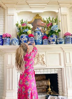 Blue White Pink Living Room, Blue And White Vase With Pink Flowers, Chinoiserie Mantel Decor, Pink Home Accents, Chinoiserie Floral Arrangement, Blue And White Chinoiserie Decor, Chinoiserie Chic Living Room, Chinoiserie Upholstery Fabric, Chinoiserie Living Room