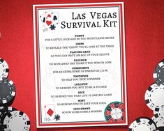 a las vegas survival kit with poker chips and playing cards next to it on a red background