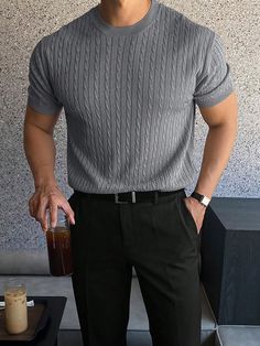 Men's Summer Round-Neck Short Sleeve Casual Knit Top Dark Grey Casual  Short Sleeve Fabric Plain  Slight Stretch  Men Clothing, size features are:Bust: ,Length: ,Sleeve Length: Office Old Money, Old Money Fashion, Sophisticated Office, Money Fashion, Streetwear Shorts