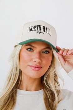 Hunter Green North Hall Trojans Color Block Embroidered Hat Collegiate Cotton Trucker Hat With Curved Brim, Collegiate Cotton Hat With Flat Brim, Collegiate Cotton Trucker Hat With Curved Bill, Collegiate Style Cotton Hat With Flat Brim, Collegiate Cotton Flat Brim Hat, Curved Brim Cotton Hat For College, White Collegiate Cotton Hat, Collegiate Cotton Trucker Hat, Collegiate Snapback Hat