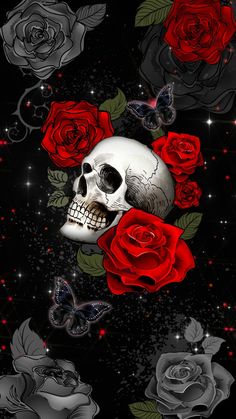 a skull and roses on a black background with butterflies in the sky above it is an image of two skulls surrounded by red roses