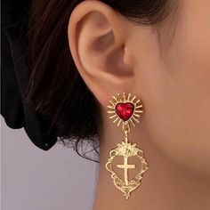 “Sacred Heart Cross” Exploding Sunburst Red Gemstone Fiery Ornate Elaborate Framed Christian Catholic Faith Pray Holy Gold Stud Post Dangle Earrings. Red Gemstone Heart With Golden Sunburst/Sunrays Surrounding It Attached To The Posts. An Cross With An Ornate/Elaborate Frame With Flames At The Top Dangles Below. Lovely! 925 Sterling Silver Posts. Hypoallergenic. Lead & Nickel Free. New. *Also Available In Silver! Measurements: Eardrop Length: 2” Earring Width: 0.8” If You Want It, Don’t Let It G Red Heart Earrings For Valentine's Day Wedding, Red Heart Earrings For Wedding, Red Heart Earrings For Wedding On Valentine's Day, Red Drop Heart Earrings For Wedding, Red Heart Drop Earrings For Wedding, Red Heart-shaped Earrings For Wedding, Red Dangle Heart Earrings For Wedding, Vintage Red Heart Earrings For Pierced Ears, Red Vintage Heart Earrings For Gifting