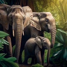 two adult elephants and a baby elephant in the jungle