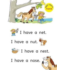 an image of children's book page with horses and people in the background text reads i have a net i have a nut i have a nut i have an nest i have anest i have a nose