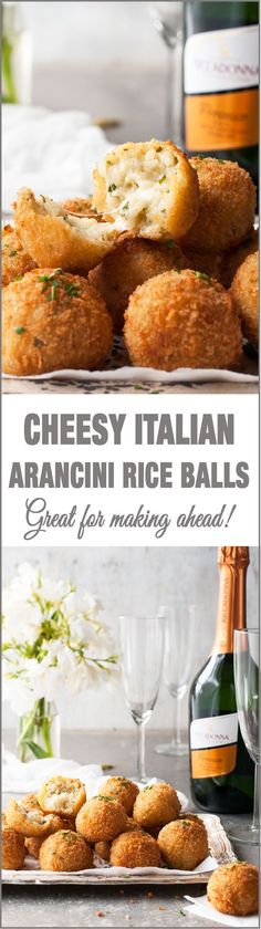 an advertisement for cheesey italian arancin rice balls, great for making bread