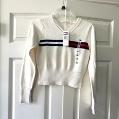 Tommy Hilfiger Sweater Size Is Large Condition Is New With Tags Vtg. 90's Style Logo On Chest 98% Cotton, 2% Other Fibers 90s Style White Cotton Sweater, White Fitted Sweater For Streetwear, White Y2k Crew Neck Sweater, White Cotton 90s Style Sweater, White Y2k Fall Sweater, White Y2k Style Spring Sweater, Casual Tommy Hilfiger Sweater For Spring, White Tommy Hilfiger Cotton Sweater, Tommy Hilfiger White Casual Sweater