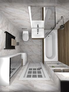 a bathroom with white fixtures and marble walls