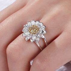 Sunflower Sterling Silver Ring White Flower-shaped Jewelry With Sunflower Design, White Flower Jewelry With Sunflower Design, Sunflower Design Jewelry For Anniversary, Sunflower Design Flower Jewelry For Anniversary, White Sunflower Design Flower Jewelry, Sunflower Design Rings As Gifts, Wedding Jewelry With Sunflower Design, Sunflower Design Rings Suitable For Gifts, White Flower Ring For Promise