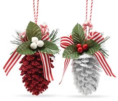 two christmas decorations hanging from twine with red and white ribbons on them, one is pine cone