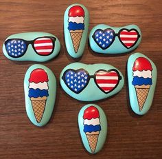 six ice cream sundaes decorated with american flags and heart shaped sunglasses on top of each other