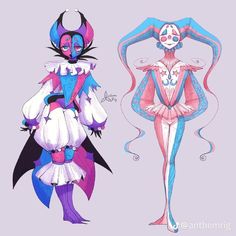 two different colored costumes, one in pink and the other in blue with long hair