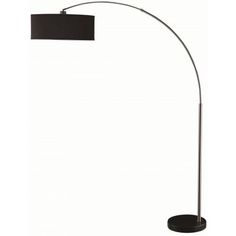 a floor lamp with a black shade on the base and a white light behind it