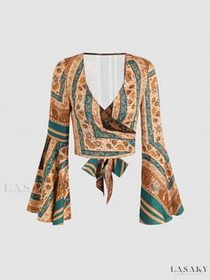 Lasaky - Lovely Long-Sleeved Shirt with Colorful Floral Patterns and Embellishments Patterned Long Sleeve Boho Print Blouse, Long Sleeve Floral Print Top For Party, Green Bohemian Tops For Fall, Trendy Long Sleeve Tops With Paisley Print, Patterned Long Sleeve Blouse For Festivals, Long Sleeve Paisley Print Top For Summer, Green Long Sleeve Boho Print Top, Patterned Boho Print Long Sleeve Top, Long Sleeve Tops With Paisley Print For Summer