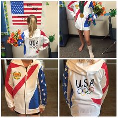 four pictures of the same person in different sports outfits, one with an olympic symbol on her hoodie