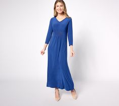 Flatter your figure in this V-neck maxi dress. The smocked waist helps hide any flaws, giving you the coverage and confidence you desire. From Women with Control®. Fitted V-neck Maxi Dress With Elastic Waistband, V-neck Stretch Maxi Dress With Ruched Details, V-neck Ruched Stretch Maxi Dress, Dress For Petite Women, Petite Dresses, Blue Fashion, Knit Jersey, Dress Skirt, Length Sleeve