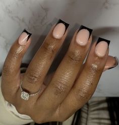 Black Tip Nails Short Square, Nail Ideas For Starters, Short Square Acrylic Nails Black Tips, Black French Tip Shorties, Short Acrylic Nails Black French Tip, Black Acrylic Overlay Nails, Black Shorties Acrylic Nails, Short Nails Black French Tip, Black French Tip Nails And Toes