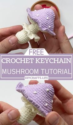 crochet keychain mushroom with text overlay that says free crochet keychain mushroom