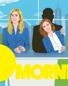 two women sitting at a desk in front of a cityscape with the words morning on it