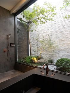 a bathroom with a walk in shower sitting next to a large glass window that looks out onto a garden