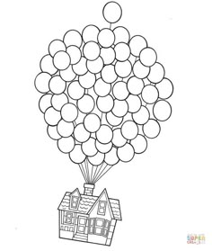 a drawing of a house with balloons in the air and a house on it's roof