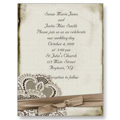 an old fashioned wedding card with lace and ribbon