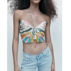 Zara Sequin Butterfly Crop Top Size Xs - S *Out Of Stock* Nwt Zara Multicolor Party Tops, Chic Multicolor Sequined Tops, Pink Sequined Festival Tops, Pink Sequined Tops For Festival, Zara Sequined Tops For Spring, Fitted Zara Tops For Festival, Butterfly Crop Top, Sequin Butterfly, Sequin Halter Top