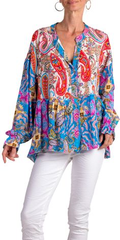 Button Down Peplum Style Blouse with a Colorful Paisley Flower Print. Features Balloon Sleeves. 100% Viscose One Size Fits Most Made in Italy Vacation Floral Print Viscose Blouse, Floral Print Viscose Blouse For Vacation, Multicolor Floral Print Rayon Blouse, Multicolor Floral Print Viscose Blouse, Long Sleeve Viscose Blouse For Vacation, Spring Multicolor Viscose Blouse, Blue Floral Print Viscose Tops, Spring Viscose Blouse With Buttons, Multicolor Viscose V-neck Blouse