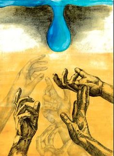 two hands reaching out to each other in front of a blue drop of water on a yellow background