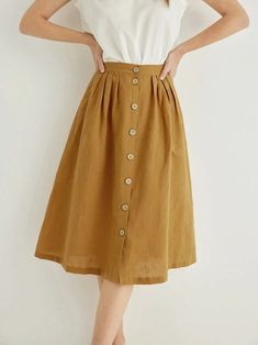 Linen Button Front Swing Skirt | shopcozy Linen Skirt Pattern, Capsule Closet, Skirt With Buttons, Button Skirt, Yellow Skirt, Traje Casual, Summer Linen, Linen Skirt, Affordable Clothes